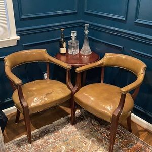 SOLD Handcrafted Bankers Chairs With Original Leather And Nailhead Detail